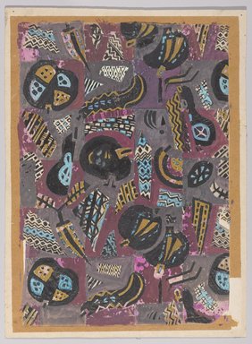 Marguerite Thompson Zorach (American, 1887-1968). <em>(Abstract Design - Gold, Blue, Black on Mauve Background)</em>, 20th century. Watercolor on paper mounted to tan paper and then mounted to paperboard, Sheet (watercolor): 11 7/16 x 8 in. (29.1 x 20.3 cm). Brooklyn Museum, Gift of Mr. and Mrs. Tessim Zorach, 70.35.9. © artist or artist's estate (Photo: Brooklyn Museum, 70.35.9_PS9.jpg)