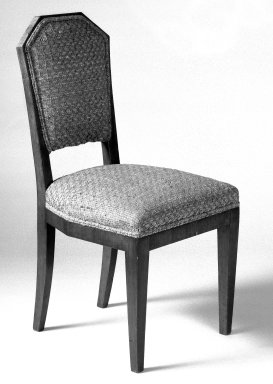  <em>Side Chair, One of Pair</em>, ca. 1930. Hardwood veneered in palisander, woven patterned cotton, 34 1/2 x 17 1/4 x 21 in. (87.6 x 43.8 x 53.3 cm). Brooklyn Museum, Gift of Raymond Worgelt, 70.96.6. Creative Commons-BY (Photo: Brooklyn Museum, 70.96.6_bw.jpg)