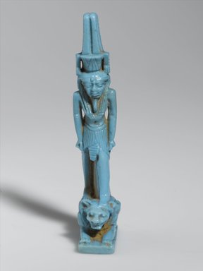  <em>Figure of Nefertum</em>, 305–30 B.C.E. Faience, 3 7/16 x 1 1/4 x 9/16 in. (8.8 x 3.2 x 1.4 cm). Brooklyn Museum, Charles Edwin Wilbour Fund, 71.142. Creative Commons-BY (Photo: Brooklyn Museum, 71.142_front_PS2.jpg)