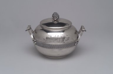 Tiffany & Company (American, founded 1853). <em>Sugar Bowl with Cover</em>, ca. 1868. Silver, 5 x 7 1/4 x 5 3/8 in. (12.7 x 18.4 x 13.7 cm). Brooklyn Museum, Gift of Eleanor Keveney in memory of Clarence A. Pratt, 71.144.3a-b. Creative Commons-BY (Photo: Brooklyn Museum, 71.144.3a-b_front.jpg)