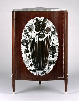 Emile-Jacques Ruhlmann (French, 1879–1933). <em>Corner Cabinet</em>, ca. 1923. Kingwood (amaranth) veneer on mahogany, ivory inlay, 49 7/8 x 31 3/4 x 23 1/2 in. (126.7 x 80.6 x 59.7 cm). Brooklyn Museum, Purchased with funds given by Joseph F. McCrindle, Mrs. Richard M. Palmer, Charles C. Paterson, Raymond Worgelt, and an anonymous donor, 71.150.1. Creative Commons-BY (Photo: Brooklyn Museum, 71.150.1_SL1.jpg)