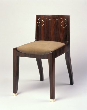 Emile-Jacques Ruhlmann (French, 1879–1933). <em>Side Chair and Slip Seat, 1 of 4</em>, ca. 1923. Macassar ebony veneer with ivory inlay, 26 11/16 x 15 x 16 7/8 in. (67.8 x 38.1 x 42.9 cm). Brooklyn Museum, Purchased with funds given by Joseph F. McCrindle, Mrs. Richard M. Palmer, Charles C. Paterson, Raymond Worgelt, and an anonymous donor, 71.150.8a-b. Creative Commons-BY (Photo: Brooklyn Museum, 71.150.8a-b_SL1.jpg)