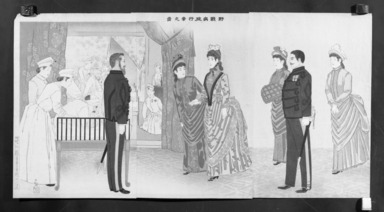 Kobayashi Kiyochika (Japanese, 1847-1915). <em>Visit of the Empress to the Field Hospital (Yasen byōin gyōkō no zu)</em>, 1895. Color on paper, Each Panel: 14 3/4 x 10 in. (37.5 x 25.4 cm). Brooklyn Museum, Gift of Mr. and Mrs. Tessim Zorach, 71.168.8 (Photo: Brooklyn Museum, 71.168.8_cropped_bw_IMLS.jpg)