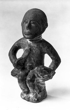 Akan. <em>Figure of a Man Seated on a Stool</em>, late 19th-early 20th century. Terracotta, 10 1/2 x 6 5/8 in. Brooklyn Museum, Robert B. Woodward Memorial Fund, 71.24.2. Creative Commons-BY (Photo: Brooklyn Museum, 71.24.2_bw.jpg)