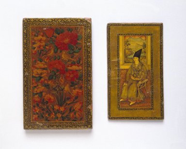 Attributed to Muhammad Isma`il Isfahani (active 1847–1871). <em>Mirror Case with Portrait of the Eunuch Manuchihr Khan Mu`tamid al-Dawla</em>, ca. 1847. Ink, opaque watercolor, metallic pigment, and gold on papier mâché under lacquered varnish, 9 x 5 1/2 in. (22.9 x 14 cm). Brooklyn Museum, Gift of Mr. and Mrs. Charles K. Wilkinson, 71.49.2. Creative Commons-BY (Photo: Brooklyn Museum, 71.49.2_SL1.jpg)