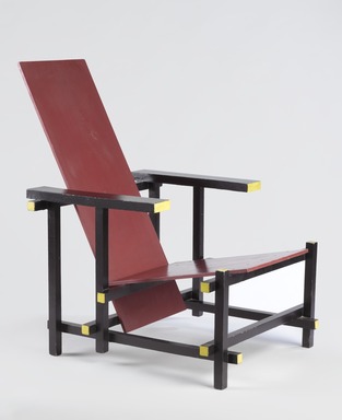 Gerrit Th. Rietveld (Dutch, 1888–1964). <em>Red Blue Chair</em>, ca. 1917–1918. Painted beechwood, 33 1/2 x 26 x 26 in. (85.1 x 66 x 66 cm). Brooklyn Museum, Designated Purchase Fund, 71.73. Creative Commons-BY (Photo: Brooklyn Museum, 71.73_threequarter_PS9.jpg)