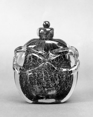 Maurice Marinot (French, 1882-1960). <em>Bottle with Stopper</em>, ca. 1927. Blown glass, maximum dimensions with stopper: 7 1/8 x 5 3/4 in.  (18.1 x 14.6 cm). Brooklyn Museum, Gift of Florence Marinot, 71.78.6a-b. Creative Commons-BY (Photo: Brooklyn Museum, 71.78.6a-b_bw.jpg)