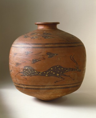 The Antelope Painter. <em>Wine Vessel with Spotted Antelope</em>, 2nd-3rd century C.E. Clay, slip, 10 13/16 x 16 3/4 in. (27.5 x 42.5 cm). Brooklyn Museum, Charles Edwin Wilbour Fund, 71.84. Creative Commons-BY (Photo: Brooklyn Museum, 71.84_SL1.jpg)