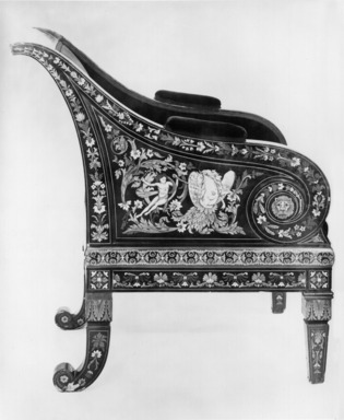  <em>Armchair (Renaissance Revival style)</em>, ca. 1875. Ebony, various woods, ivory, mother-of-pearl, modern upholstery, 39 x 25 7/8 x 26 3/8 in. (99.1 x 65.7 x 67 cm). Brooklyn Museum, Gift of Mr. and Mrs. George N. Richard, 71.95. Creative Commons-BY (Photo: Brooklyn Museum, 71.95_side_Design_scan_bw.jpg)