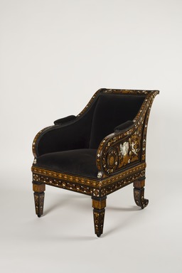  <em>Armchair (Renaissance Revival style)</em>, ca. 1875. Ebony, various woods, ivory, mother-of-pearl, modern upholstery, 39 x 25 7/8 x 26 3/8 in. (99.1 x 65.7 x 67 cm). Brooklyn Museum, Gift of Mr. and Mrs. George N. Richard, 71.95. Creative Commons-BY (Photo: Brooklyn Museum, 71.95_threequarter_PS20.jpg)
