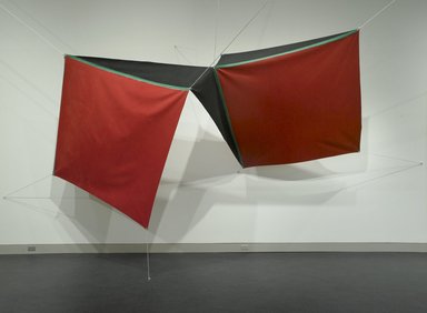 Joe Overstreet (American, 1933-2019). <em>Power Flight</em>, 1971. Acrylic on canvas with metal grommets and white rope, 98 1/16 × 164 in. (249 × 416.5 cm). Brooklyn Museum, Gift of Mr. and Mrs. John de Menil, 72.165. © artist or artist's estate (Photo: Brooklyn Museum, 72.165_view1_PS2.jpg)