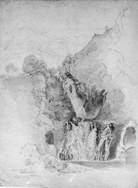 William Trost Richards (American, 1833–1905). <em>Waterfall</em>, September 10, 1867. Graphite on gray paper, Sheet: 12 1/4 x 9 5/16 in. (31.1 x 23.7 cm). Brooklyn Museum, Gift of Edith Ballinger Price, 72.32.24 (Photo: Brooklyn Museum, 72.32.24_bw.jpg)