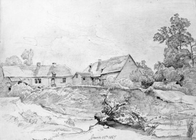 William Trost Richards (American, 1833–1905). <em>Cottages</em>, June 15, 1867. Graphite on paper, Sheet: 8 13/16 x 12 in. (22.4 x 30.5 cm). Brooklyn Museum, Gift of Edith Ballinger Price, 72.32.27 (Photo: Brooklyn Museum, 72.32.27_bw.jpg)