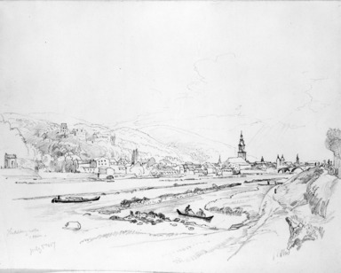 William Trost Richards (American, 1833–1905). <em>Landscape</em>, July 3, 1867. Graphite on paper, Sheet: 9 1/8 x 11 11/16 in. (23.2 x 29.7 cm). Brooklyn Museum, Gift of Edith Ballinger Price, 72.32.28 (Photo: Brooklyn Museum, 72.32.28_bw.jpg)