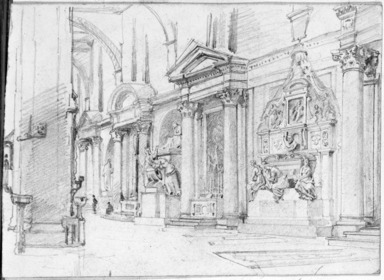 William Trost Richards (American, 1833–1905). <em>Study of Interior of Santa Croce, Florence, with Monument to Michelangelo</em>, ca. 1856. Graphite on paper, Sheet: 4 5/16 x 5 15/16 in. (11 x 15.1 cm). Brooklyn Museum, Gift of Edith Ballinger Price, 72.32.6 (Photo: Brooklyn Museum, 72.32.6_bw.jpg)