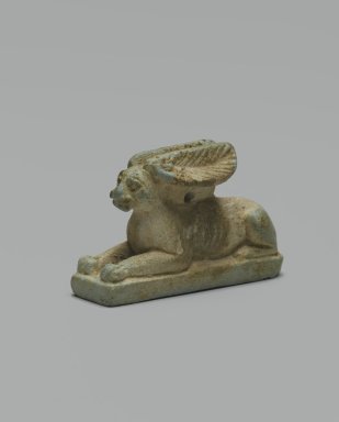  <em>Hare Amulet</em>, ca. 664-30 B.C.E. Faience, H: 2.7 cm, H. of base: c. 0.5 cm; length 4.6 cm, L. of fig. 4.5 cm, L. of ears: 2.2 cm; width 5.0 cm. Brooklyn Museum, Gift of Mr. and Mrs. Carl L. Selden through The Roebling Society, 72.38. Creative Commons-BY (Photo: Brooklyn Museum, 72.38_threequarter_left_PS2.jpg)