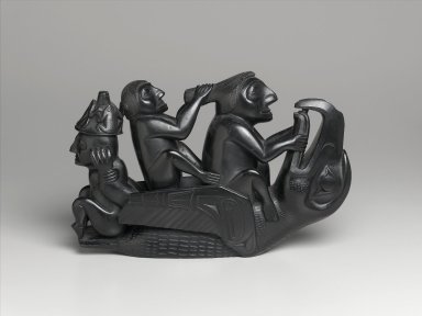 Haida. <em>Figural Group: Raven Surmounted by Three Seated Figures</em>, 1860-1880. Argillite, 10 x 15 1/2 x 3 3/4 in. (25.4 x 39.4 x 9.5 cm). Brooklyn Museum, By exchange, 72.5.1. Creative Commons-BY (Photo: Brooklyn Museum, 72.5.1_PS1.jpg)