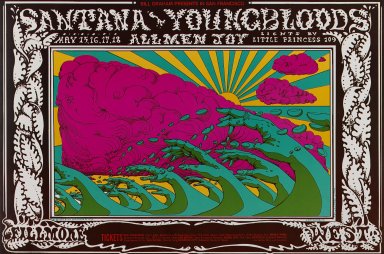 Lee Conklin (American, born 1941). <em>[Untitled] (Santana/Youngbloods...)</em>, 1969. Offset lithograph on paper, sheet: 14 1/16 x 21 3/16 in. (35.7 x 53.8 cm). Brooklyn Museum, Designated Purchase Fund, 73.39.172. © artist or artist's estate (Photo: Brooklyn Museum, 73.39.172_PS3.jpg)