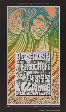 Wes Wilson (American, 1937-2020). <em>[Untitled] (Otis Rush/The Mothers)</em>, 1967. Offset lithograph on paper, sheet: 22 3/8 x 13 7/16 in. (56.8 x 34.1 cm). Brooklyn Museum, Designated Purchase Fund, 73.39.55. © artist or artist's estate (Photo: Brooklyn Museum, 73.39.55_PS3.jpg)