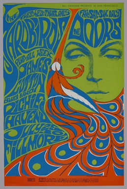 Bonnie MacLean (American, 1939–2020). <em>[Untitled] (Yard Birds/The Doors/James Cotton/Richie Havens)</em>, 1967. Offset lithograph on paper, sheet: 21 1/4 x 14 in. (54 x 35.6 cm). Brooklyn Museum, Designated Purchase Fund, 73.39.76. © artist or artist's estate (Photo: Brooklyn Museum, 73.39.76_PS11.jpg)