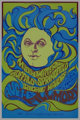 Bonnie MacLean (American, 1939–2020). <em>[Untitled] (Muddy Waters/Buffalo Springfield/Richie Havens)</em>, 1967. Offset lithograph on paper, sheet: 21 7/16 x 13 15/16 in. (54.5 x 35.4 cm). Brooklyn Museum, Designated Purchase Fund, 73.39.77. © artist or artist's estate (Photo: Brooklyn Museum, 73.39.77_PS11.jpg)