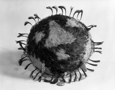 Pomo. <em>A "Jewel" or Gift Basket</em>, late 19th century. Fiber, feathers, shell, Diameter: 5 11/16 in. (14.5 cm). Brooklyn Museum, By exchange, 73.65. Creative Commons-BY (Photo: Brooklyn Museum, 73.65_bw.jpg)