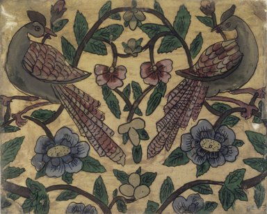  <em>Two Birds and Flowers</em>, 19th century. Reverse painting on glass, 8 3/8 x 10 3/8 in. (21.3 x 26.4 cm). Brooklyn Museum, Special Middle Eastern Art Fund, 73.90.1 (Photo: Brooklyn Museum, 73.90.1_transp6387.jpg)