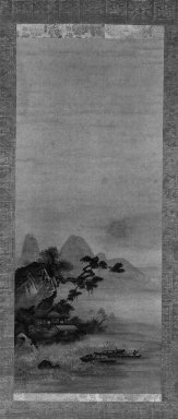 Sugetsu (Japanese, died ca. 1510). <em>Hanging Scroll Painting, Landscape</em>, early 16th century. Hanging scroll, ink and light color on paper, Image: 32 1/4 x 13 3/8 in. (81.9 x 34 cm). Brooklyn Museum, Gift of Mrs. Harold G. Henderson in memory of Professor Harold G. Henderson, 74.201.1 (Photo: Brooklyn Museum, 74.201.1_bw_IMLS.jpg)