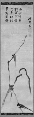 Murasaki no Daishin (Japanese, 1650-1730). <em>Rush Leaf Bodhidharma</em>, early 18th century. Hanging scroll, ink on paper, Image: 33 1/2 x 10 1/4 in. (85.1 x 26 cm). Brooklyn Museum, Gift of Mrs. Harold G. Henderson in memory of Professor Harold G. Henderson, 74.201.2 (Photo: Brooklyn Museum, 74.201.2_bw_IMLS.jpg)