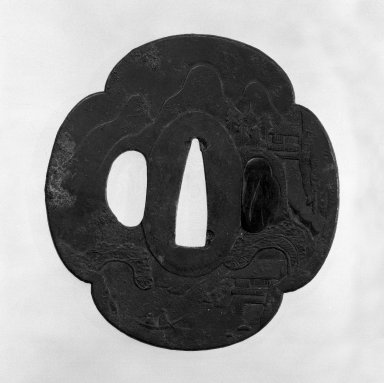  <em>Tsuba (Sword Guard)</em>, 18th century. Brown-patinated iron, 3 x 2 3/4 in. (7.6 x 7 cm). Brooklyn Museum, Gift of Leighton R. Longhi, 74.202.18. Creative Commons-BY (Photo: Brooklyn Museum, 74.202.18_front_bw.jpg)
