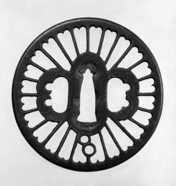  <em>Tsuba (Sword Guard)</em>, 17th century. Brown-black patinated iron, cooper, 3 1/8 x 3 1/16 in. (8 x 7.8 cm). Brooklyn Museum, Gift of Leighton R. Longhi, 74.202.19. Creative Commons-BY (Photo: Brooklyn Museum, 74.202.19_front_bw.jpg)