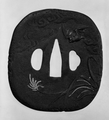  <em>Tsuba (Sword Guard)</em>, 19th century. Brown-patinated iron, iroe, 3 7/16 x 3 1/8 in. (8.7 x 8 cm). Brooklyn Museum, Gift of Leighton R. Longhi, 74.202.21. Creative Commons-BY (Photo: Brooklyn Museum, 74.202.21_front_bw.jpg)
