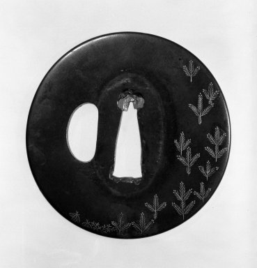  <em>Tsuba (Sword Guard)</em>, late 18th–19th century (possibly). Coarse shakudo, gold, copper, 2 3/4 in. (7 cm). Brooklyn Museum, Gift of Leighton R. Longhi, 74.202.23. Creative Commons-BY (Photo: Brooklyn Museum, 74.202.23_front_bw.jpg)