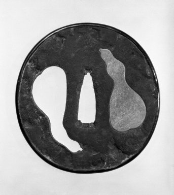  <em>Tsuba (Sword Guard) in Tembo Style</em>, 17th–18th century. Brown-black patinated iron, silver(ed?) metal, 2 15/16 x 2 13/16 in. (7.5 x 7.2 cm). Brooklyn Museum, Gift of Leighton R. Longhi, 74.202.24. Creative Commons-BY (Photo: Brooklyn Museum, 74.202.24_front_bw.jpg)