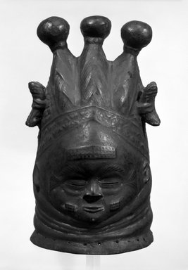 Mende. <em>Sande society mask (sowei)</em>, late 19th-early 20th century. Wood, pigment, metal, 15 1/2 x  (width at base)  8 1/2 in. (39.4 x 21.6 cm). Brooklyn Museum, Gift of Mr. and Mrs. Gordon Douglas, 74.211.3. Creative Commons-BY (Photo: Brooklyn Museum, 74.211.3_bw.jpg)