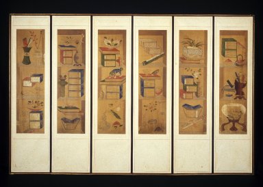  <em>Books and Scholar's Accoutrements</em>, ca. 1864. Ink and light color on paper, Each panel: 60 1/4 x 15 1/2 x 3 1/2 in. (153 x 39.4 x 8.9 cm). Brooklyn Museum, Gift of James Freeman, by exchange, 74.5. Creative Commons-BY (Photo: Brooklyn Museum, 74.5_SL1.jpg)