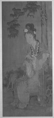  <em>Hanging Scroll Painting "Seated Courtesan Playing Flute,"</em> 18th-19th century. Ink and color on silk, Exclusive of mounting: 43 1/2 x 18 3/4 in. (110.5 x 47.6 cm). Brooklyn Museum, Designated Purchase Fund, 74.84 (Photo: Brooklyn Museum, 74.84_bw_IMLS.jpg)