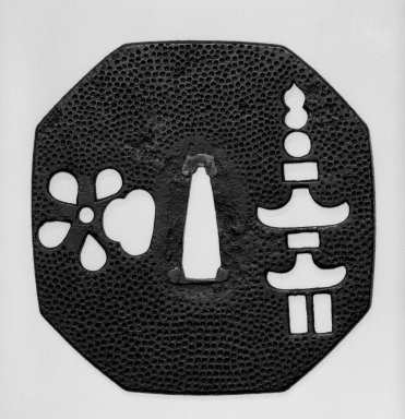  <em>Sword Guard</em>, 15th-16th century. Iron with pierced and punched decoration; copper sekigane, 3 1/2 x 3 3/8 in. (8.9 x 8.6 cm). Brooklyn Museum, By exchange, 74.86.1. Creative Commons-BY (Photo: Brooklyn Museum, 74.86.1_front_bw.jpg)