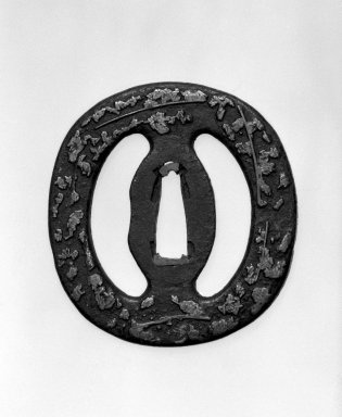  <em>Sword Guard</em>, 16th-17th century. Iron, brass, copper, 2 13/16 x 2 11/16 in. (7.2 x 6.8 cm). Brooklyn Museum, By exchange, 74.86.3. Creative Commons-BY (Photo: Brooklyn Museum, 74.86.3_side1_bw.jpg)
