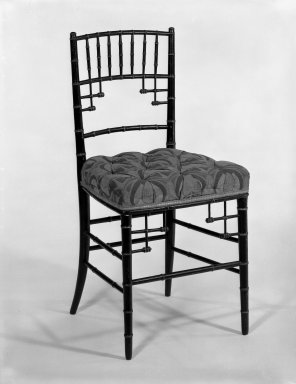  <em>Side chair-one of a pair (Faux Bamboo/Aesthetic Movement style)</em>, ca. 1880, upholstery ca. 1900. Unidentified ebonized faux-bamboo wood, period upholstery, Overall height: 32 1/2 in. (82.5 cm). Brooklyn Museum, Gift of Mrs. D. Chester Noyes, 75.110.1. Creative Commons-BY (Photo: Brooklyn Museum, 75.110.1_bw_IMLS.jpg)