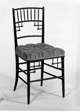  <em>Side chair-one of a pair (Faux Bamboo/Aesthetic Movement style)</em>, ca. 1880, upholstery ca. 1900. Unidentified ebonized faux-bamboo wood, period upholstery, Overall height: 32 1/2 in. (82.5 cm). Brooklyn Museum, Gift of Mrs. D. Chester Noyes, 75.110.2. Creative Commons-BY (Photo: Brooklyn Museum, 75.110.2_bw_IMLS.jpg)