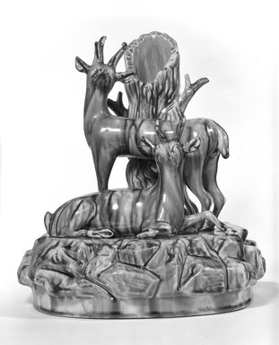 Swan Hill Pottery. <em>One Standing, One Seated Figure in Front of Hollow Tree Trunk</em>, ca.1858-1860. Rockingham-glazed earthenware, 10 3/4 x 7 7/8 x 9 1/4 in. (27.3 x 20 x 23.5 cm). Brooklyn Museum, H. Randolph Lever Fund, 75.112.1. Creative Commons-BY (Photo: Brooklyn Museum, 75.112.1_bw.jpg)