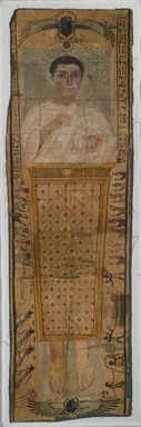  <em>Elaborately Painted Shroud of Neferhotep, Son of Herrotiou</em>, 100–225 C.E. Linen, pigment, 1/16 x 27 x 67 in. (0.2 x 68.6 x 170.2 cm). Brooklyn Museum, Charles Edwin Wilbour Fund, 75.114. Creative Commons-BY (Photo: Brooklyn Museum, 75.114_PS1.jpg)