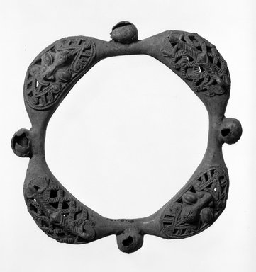 Yorùbá. <em>Ogboni Society Ankle Rattle (Saworo)</em>, late 19th or early 20th century. Copper alloy, pebbles, 8 x 7 3/4 in. (20.3 x 19.2 cm). Brooklyn Museum, Gift of Marcia and John Friede, 75.151.3. Creative Commons-BY (Photo: Brooklyn Museum, 75.151.3_bw.jpg)