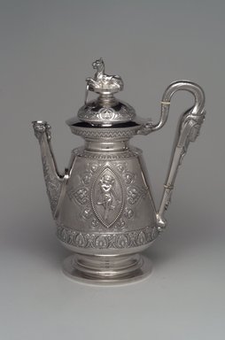 J. E. Caldwell & Co. (founded 1839). <em>Teapot with Hinged Cover</em>, ca. 1875. Silver, ivory, 11 1/2 x 9 1/8 x 5 5/8 in. (29.2 x 23.2 x 14.3 cm). Brooklyn Museum, H. Randolph Lever Fund, 75.164.3. Creative Commons-BY (Photo: Brooklyn Museum, 75.164.3_right.jpg)