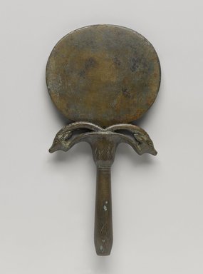  <em>Mirror with Papyrus Handle Featuring Two Ibex Heads</em>, ca. 1539–1292 B.C.E. Bronze, Other (handle): 4 3/16 x 3 9/16 x 13/16 in. (10.7 x 9 x 2 cm). Brooklyn Museum, Charles Edwin Wilbour Fund, 75.168a-b. Creative Commons-BY (Photo: Brooklyn Museum, 75.168a-b_front_PS4.jpg)