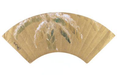 Kano Tsunenobu (Japanese, 1636-1713). <em>Banana Palm in Snow (Fan Painting)</em>, early 18th century. Fan painting, ink and color on gold leaf, 8 1/2 x 18 3/4 in. (21.6 x 47.6 cm). Brooklyn Museum, Gift of Howard Hollis, 75.172.2. Creative Commons-BY (Photo: Brooklyn Museum, 75.172.2_IMLS_PS3.jpg)