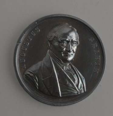 Allen & Moore (Birmingham, England, 1843–1854). <em>Augustus Graham Medal</em>, issued 1856. Silver, 2 x 2 x 3/16 in. (5.1 x 5.1 x 0.5 cm). Brooklyn Museum, H. Randolph Lever Fund, 75.24.1. Creative Commons-BY (Photo: Brooklyn Museum, 75.24.1_top_PS2.jpg)