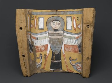  <em>Image of a Ba-bird on a Footpiece from a Coffin</em>, ca. 945-712 B.C.E. Wood, gesso, pigment, 11 x 12 5/8 x 5 5/8 in., 5 lb. (28 x 32.1 x 14.3 cm, 2.27kg). Brooklyn Museum, Charles Edwin Wilbour Fund, 75.27. Creative Commons-BY (Photo: Brooklyn Museum, 75.27_front_PS2.jpg)