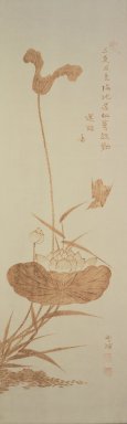  <em>Lotus and Bird</em>, late 19th-early 20th century. Branding, ink, and light color on paper, 38 11/16 x 11 15/16 in. (98.3 x 30.4 cm). Brooklyn Museum, Designated Purchase Fund, 75.65.3 (Photo: Brooklyn Museum, 75.65.3.jpg)